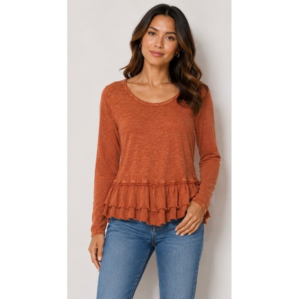 Altar'd State Rust Orange Ruffle Hem Long Sleeve Slub Knit Top Large